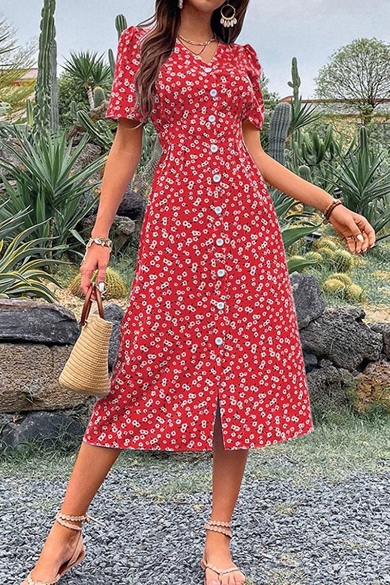 FLORAL V NECK PUFF BUTTON UP SLIT DRESS - Doublju