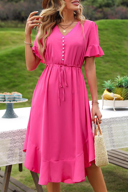 DRAWSTRING RUFFLED PUFF MIDI DRESS - Doublju