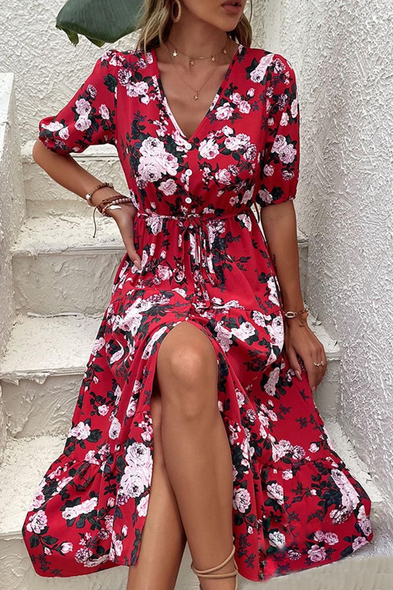 FRONT SLIT V NECK PUFF FLORAL DRESS - Doublju