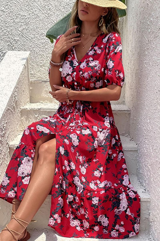 FRONT SLIT V NECK PUFF FLORAL DRESS - Doublju