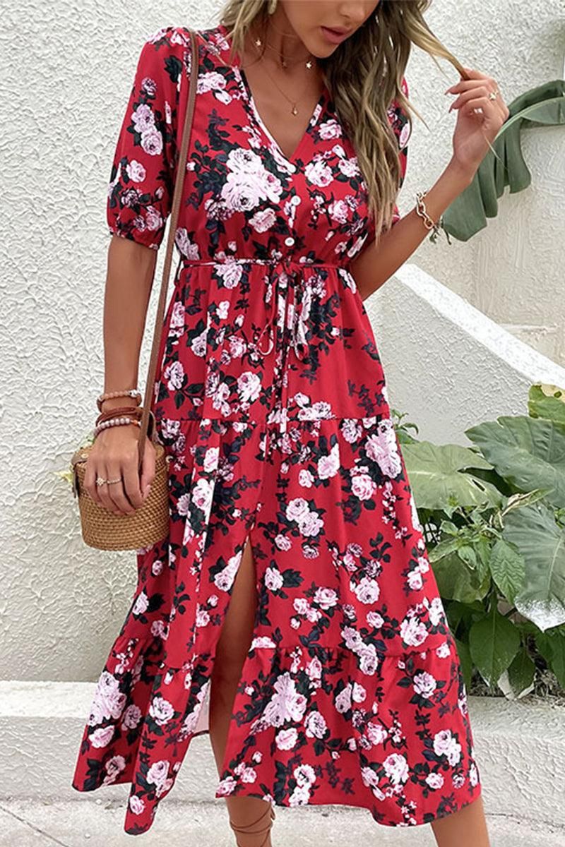 FRONT SLIT V NECK PUFF FLORAL DRESS - Doublju