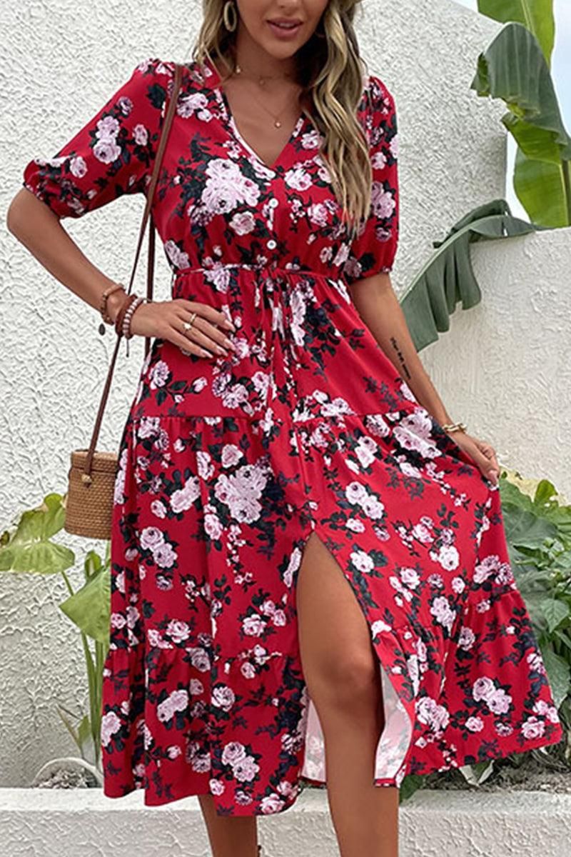 FRONT SLIT V NECK PUFF FLORAL DRESS - Doublju