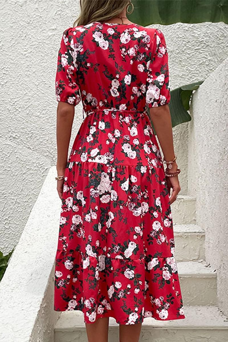 FRONT SLIT V NECK PUFF FLORAL DRESS - Doublju