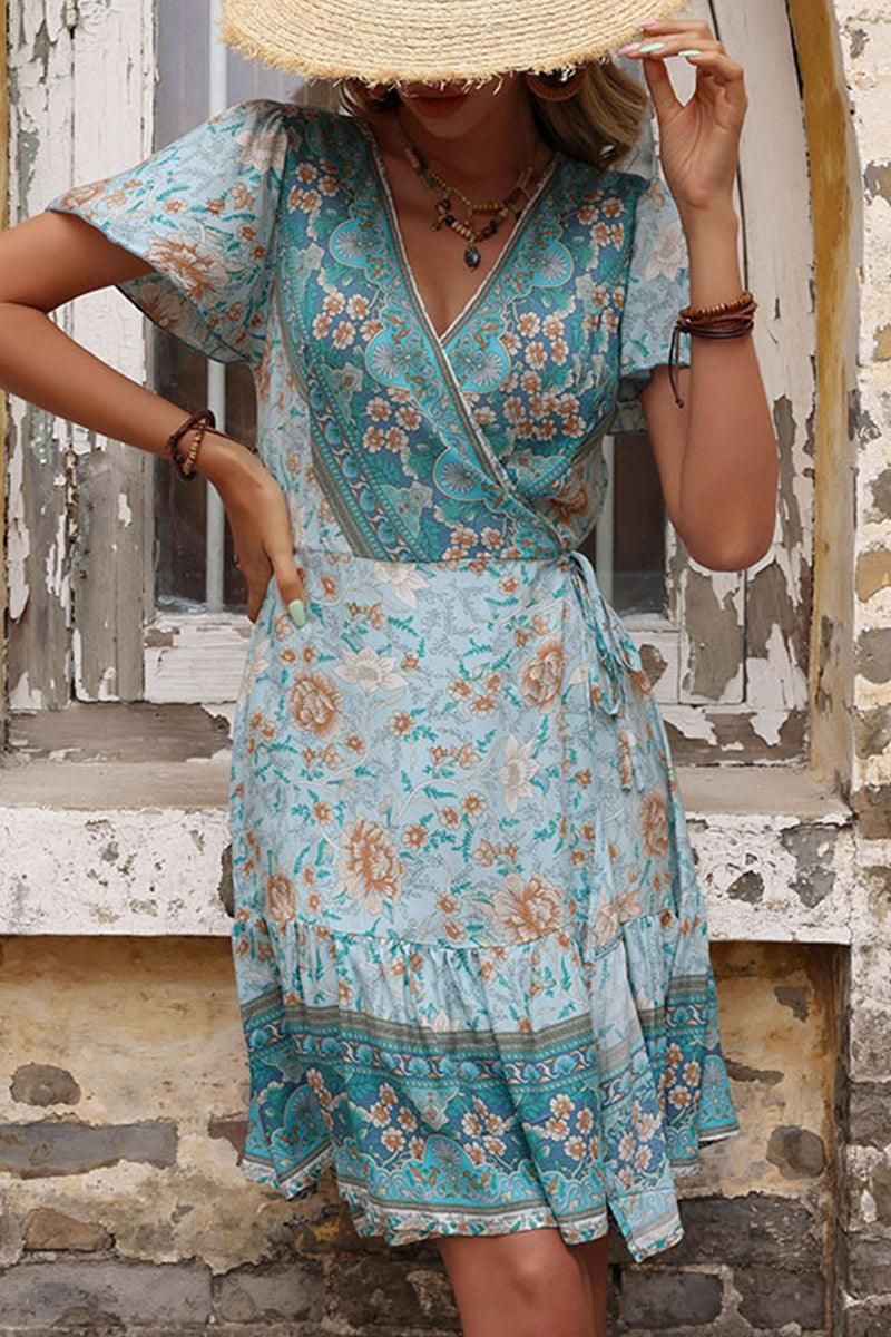 BOHEMIAN WRAP STYLE RUFFLED SHORT DRESS - Doublju