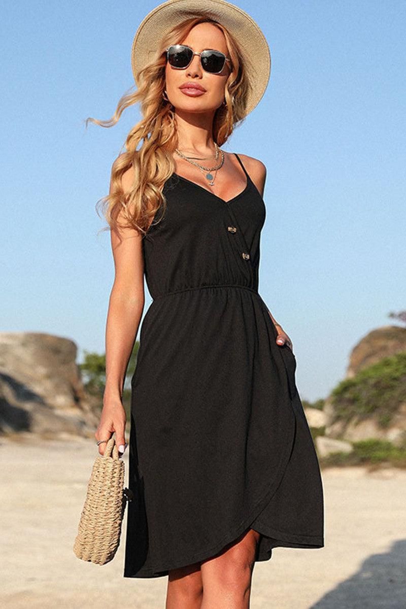 V NECK BUTTON TIGHTEN WAIST CAMISOLE DRESS - Doublju