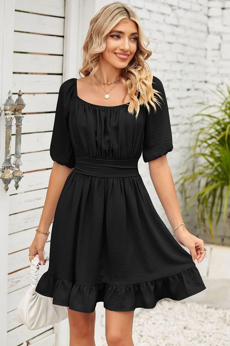 WAIST BANDING ROUND NECK RUFFLED WOMEN DRESS - Doublju