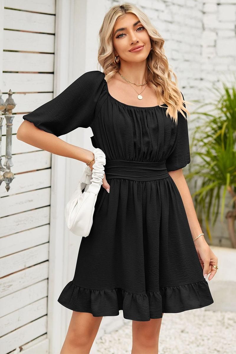 WAIST BANDING ROUND NECK RUFFLED WOMEN DRESS - Doublju