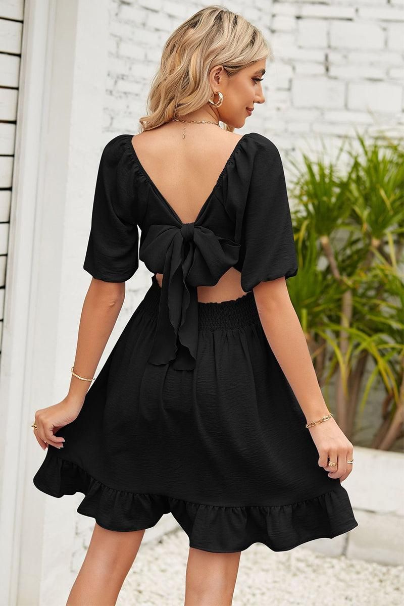 WAIST BANDING ROUND NECK RUFFLED WOMEN DRESS - Doublju