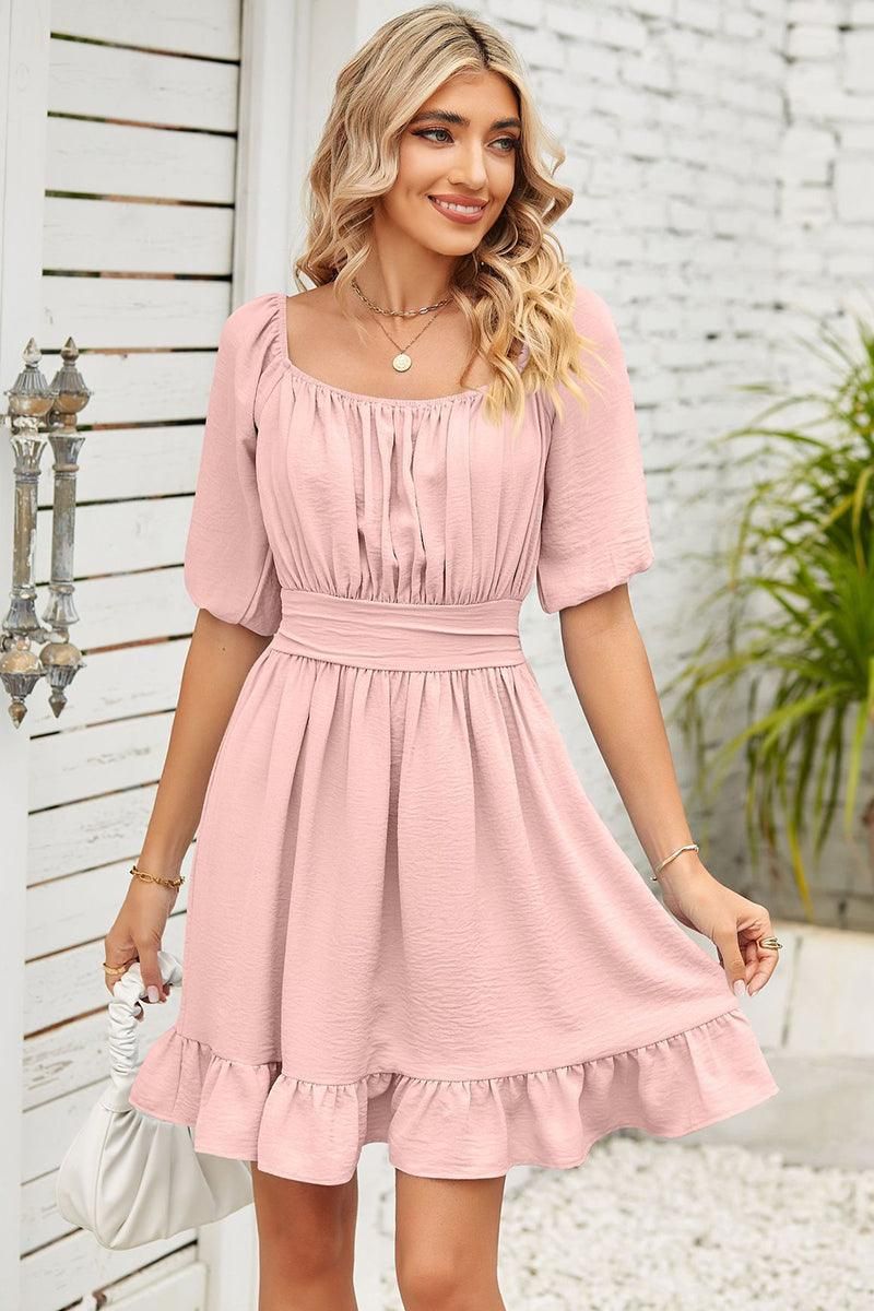 WAIST BANDING ROUND NECK RUFFLED WOMEN DRESS - Doublju