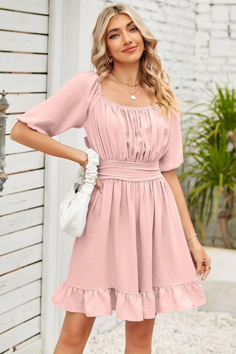 WAIST BANDING ROUND NECK RUFFLED WOMEN DRESS - Doublju