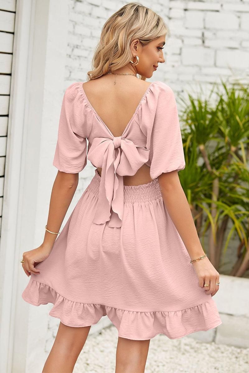 WAIST BANDING ROUND NECK RUFFLED WOMEN DRESS - Doublju