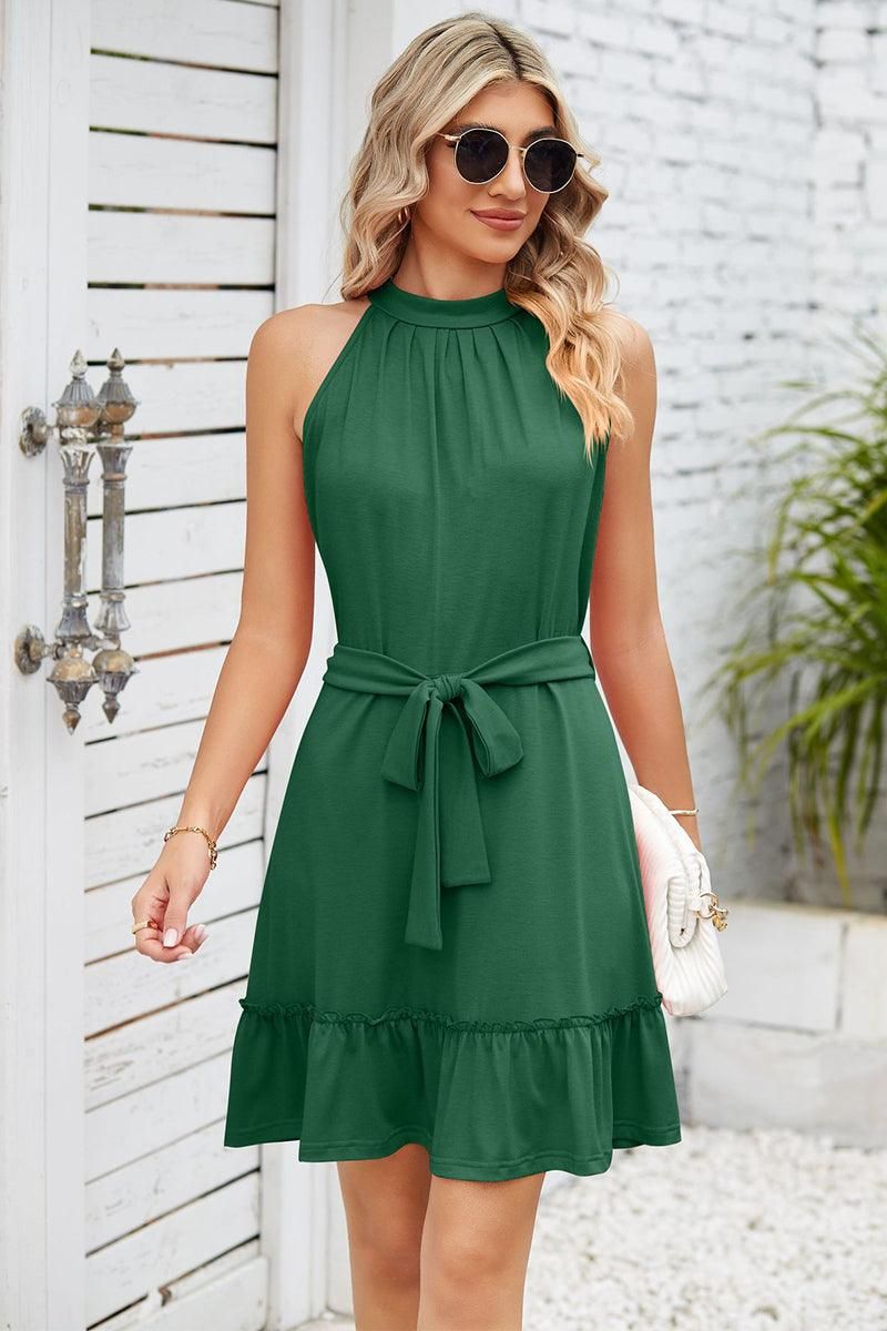 SOLID COLOR RUFFLED HALTER DRESS - Doublju