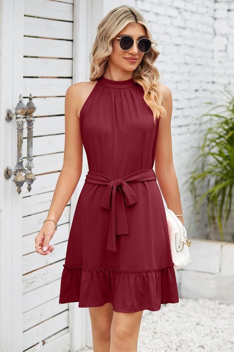 SOLID COLOR RUFFLED HALTER DRESS - Doublju