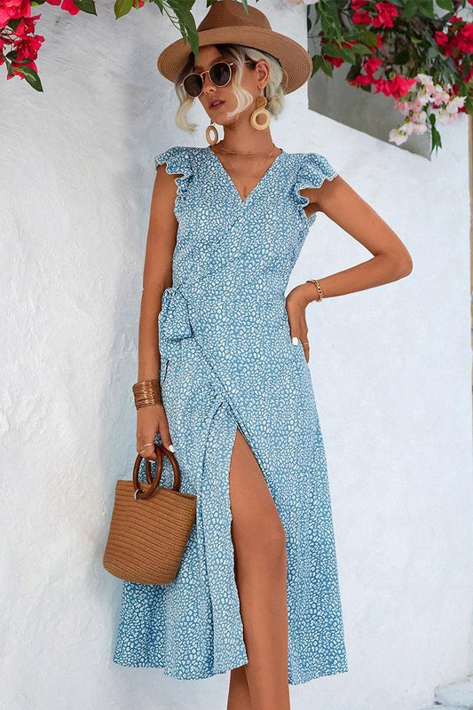 RUFFLED SHORT SLEEVE V NECK TIED WAIST WOMEN DRESS - Doublju