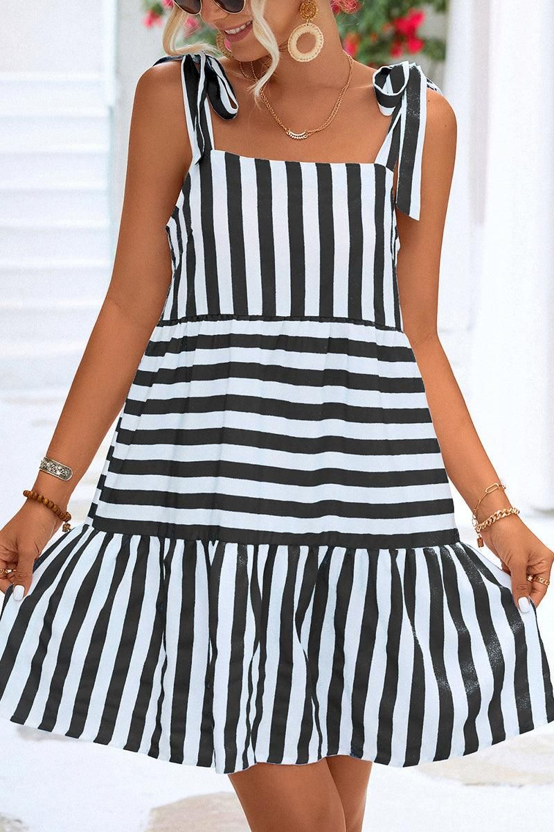 STRIPE PATTERNED TIED SHOULDER STRAP DRESS - Doublju