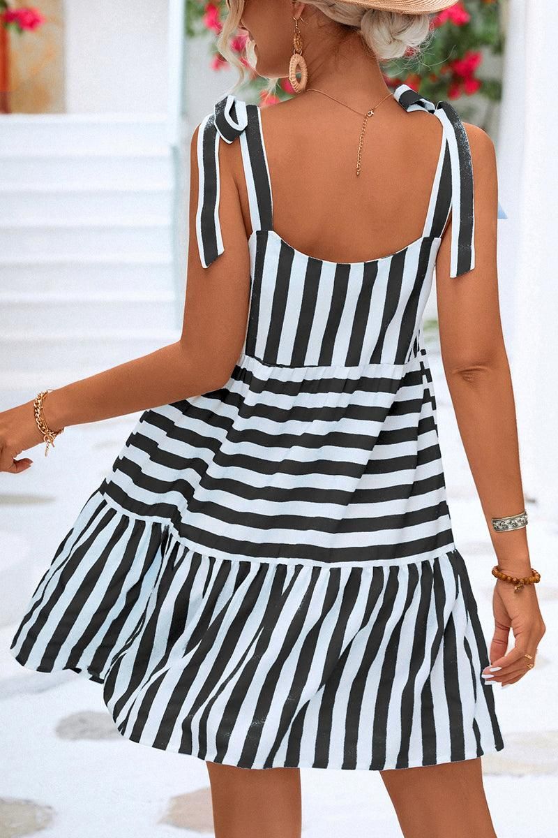 STRIPE PATTERNED TIED SHOULDER STRAP DRESS - Doublju