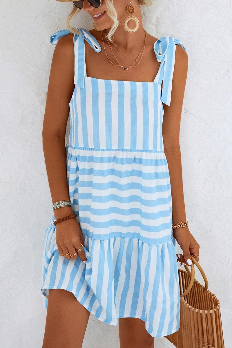 STRIPE PATTERNED TIED SHOULDER STRAP DRESS - Doublju