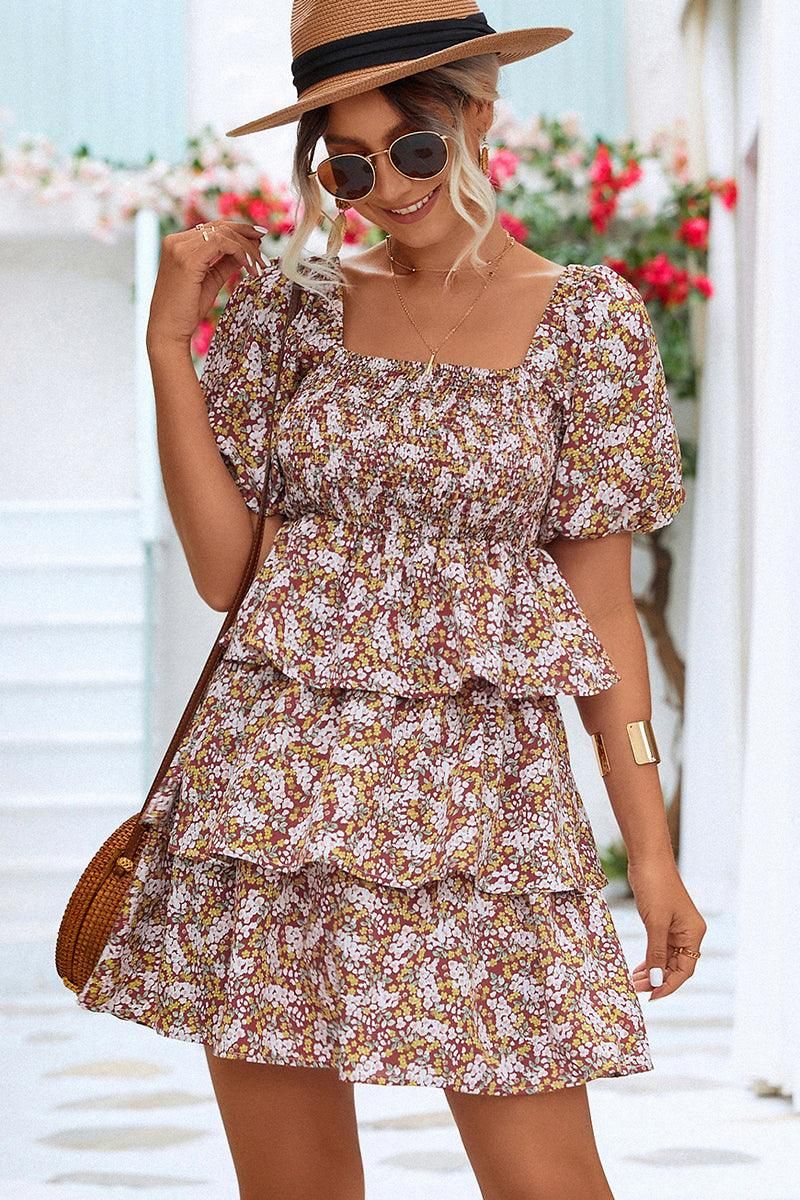 OFF SHOULDER SQUARE NECK FLORAL TIERED DRESS - Doublju