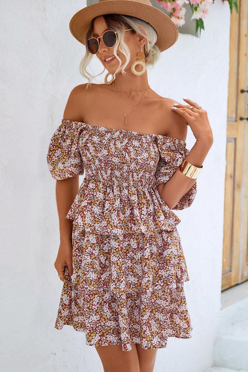 OFF SHOULDER SQUARE NECK FLORAL TIERED DRESS - Doublju