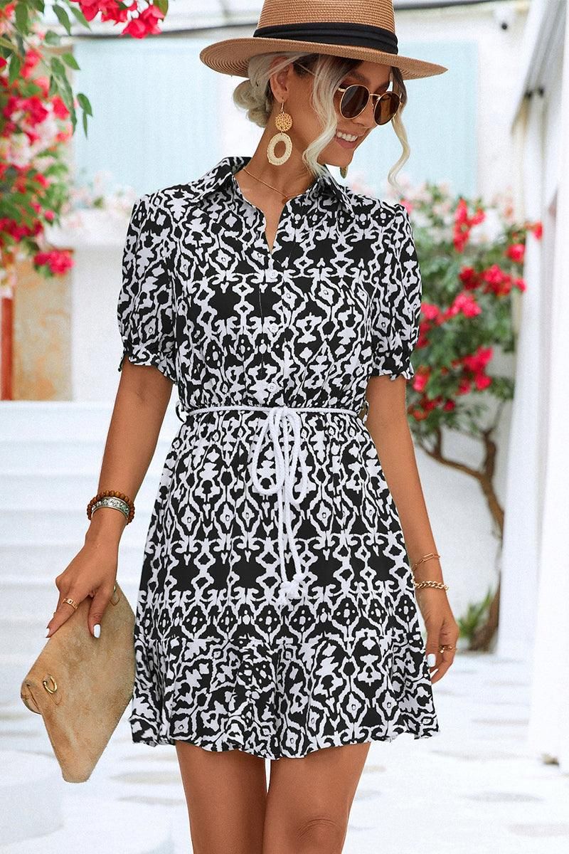 BUTTON NECK COLLARED WOMEN DRESS - Doublju