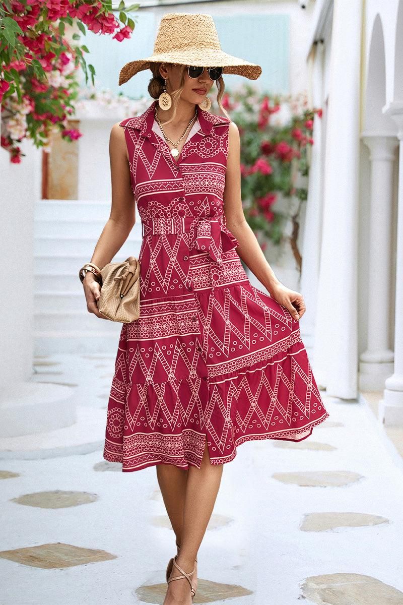 COLLARED PATTERN PRINTING WOMEN DRESS - Doublju