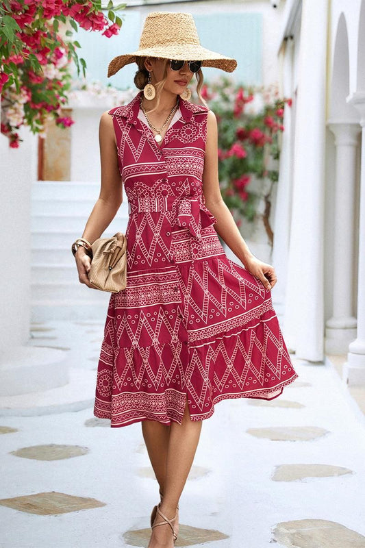 COLLARED PATTERN PRINTING WOMEN DRESS - Doublju