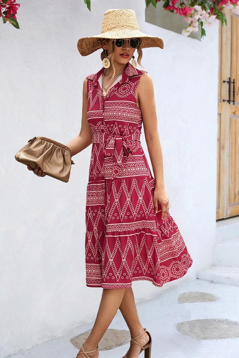 COLLARED PATTERN PRINTING WOMEN DRESS - Doublju