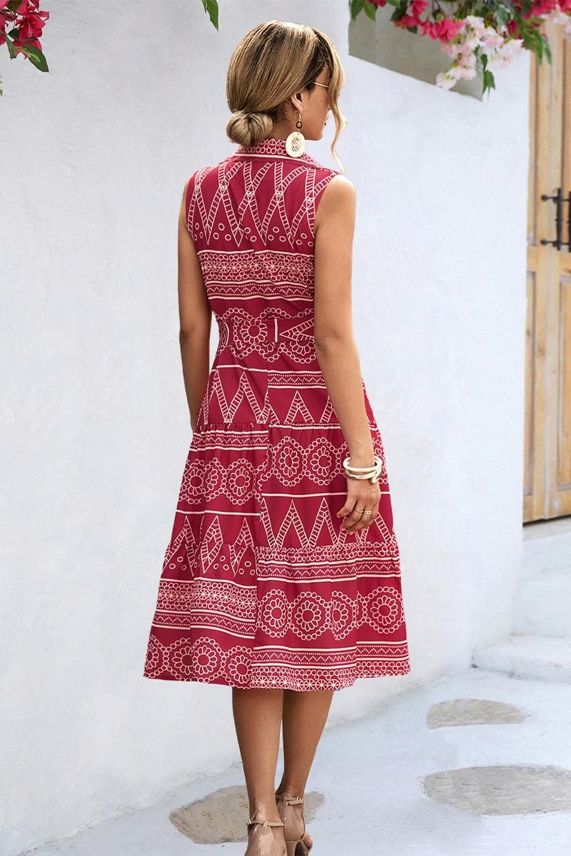 COLLARED PATTERN PRINTING WOMEN DRESS - Doublju