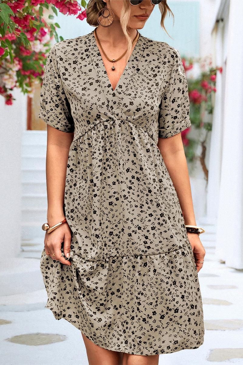 ROLLED SHORT SLEEVE V NECK LEOPARD PRINTING DRESS - Doublju