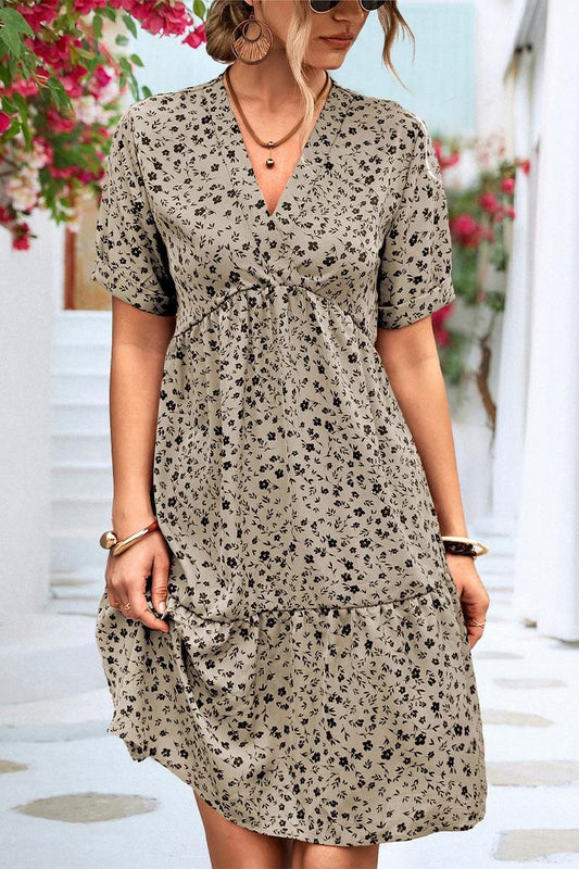 ROLLED SHORT SLEEVE V NECK LEOPARD PRINTING DRESS - Doublju