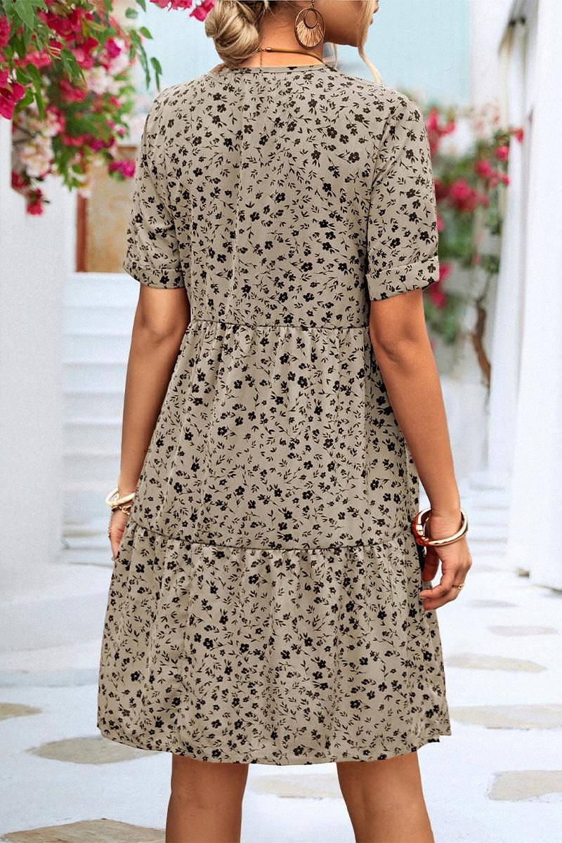 ROLLED SHORT SLEEVE V NECK LEOPARD PRINTING DRESS - Doublju