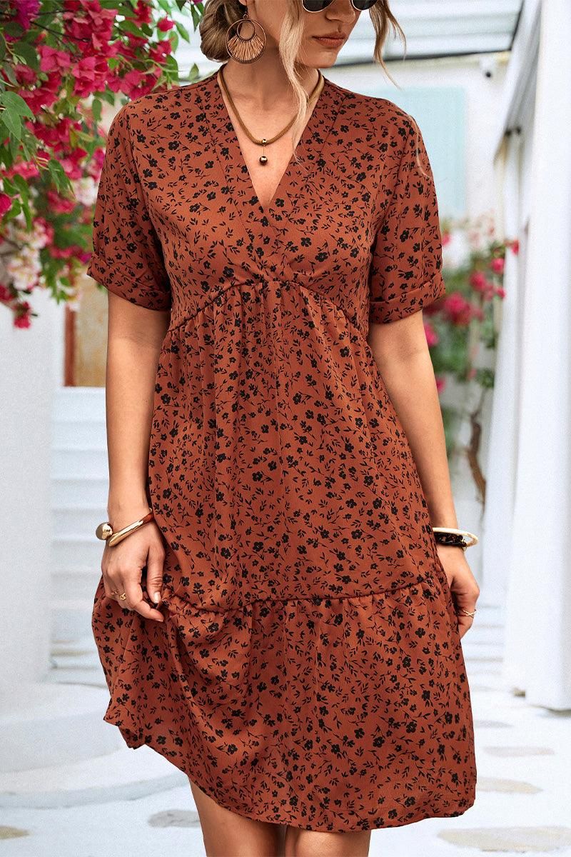 ROLLED SHORT SLEEVE V NECK LEOPARD PRINTING DRESS - Doublju