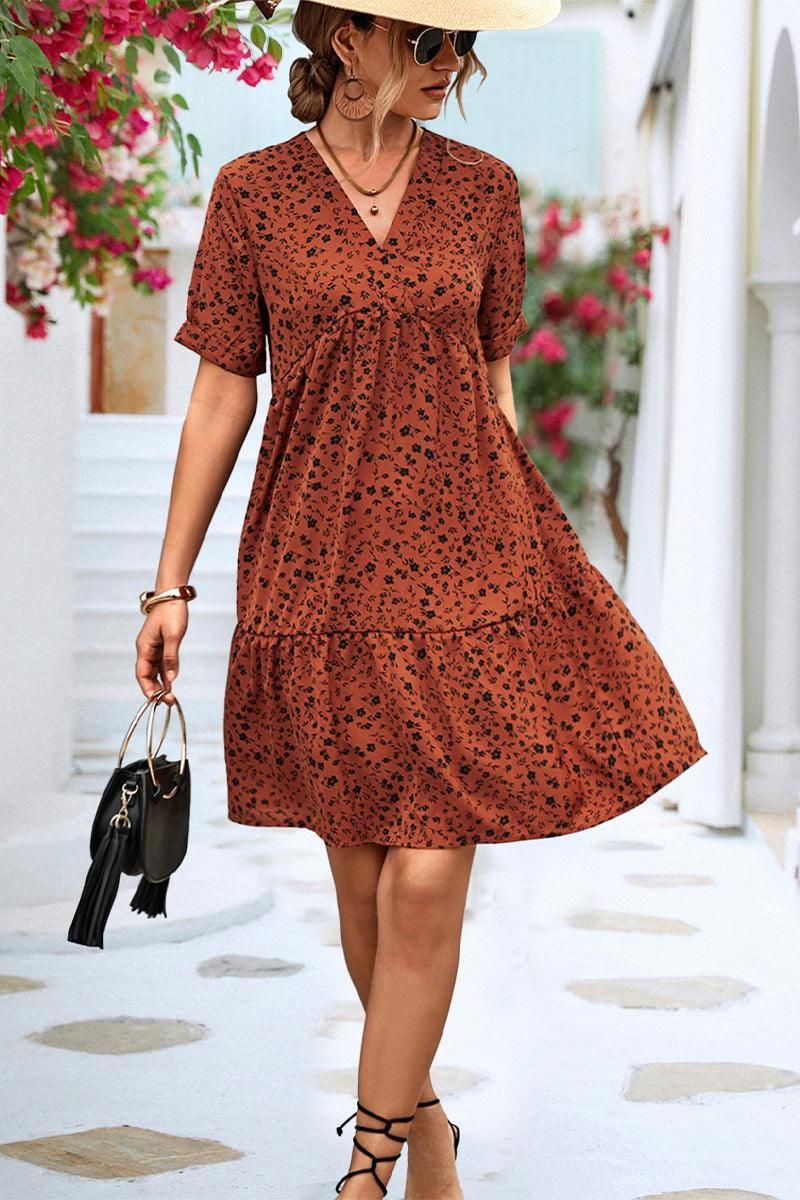 ROLLED SHORT SLEEVE V NECK LEOPARD PRINTING DRESS - Doublju