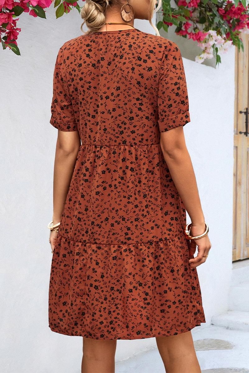 ROLLED SHORT SLEEVE V NECK LEOPARD PRINTING DRESS - Doublju