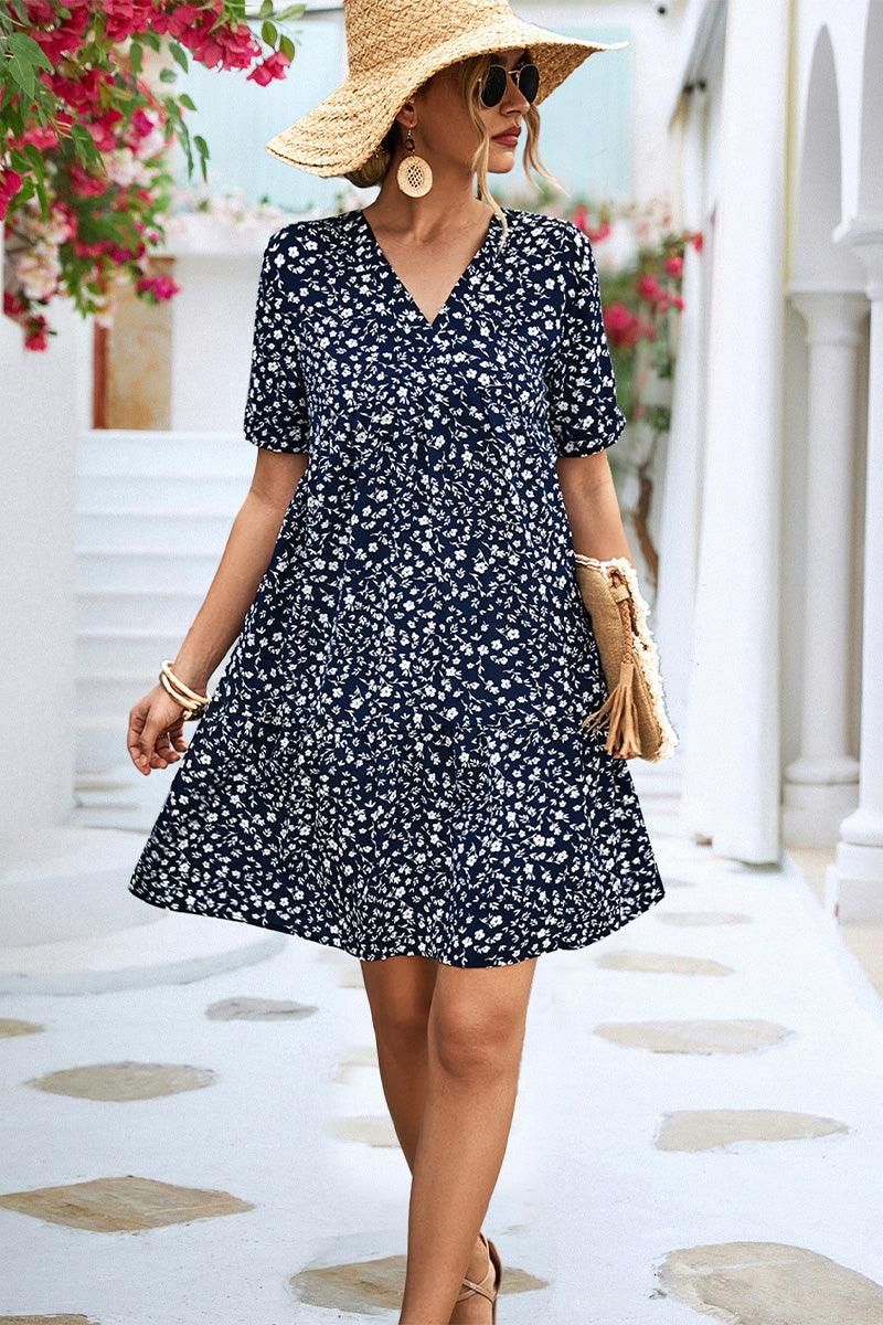 ROLLED SHORT SLEEVE V NECK LEOPARD PRINTING DRESS - Doublju