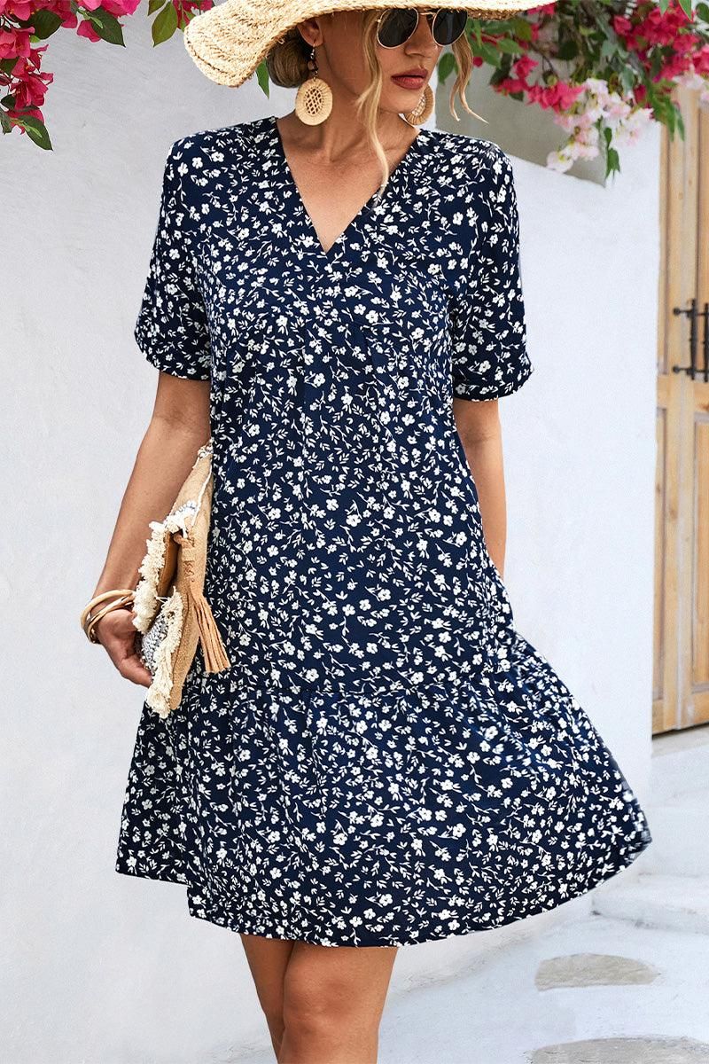 ROLLED SHORT SLEEVE V NECK LEOPARD PRINTING DRESS - Doublju