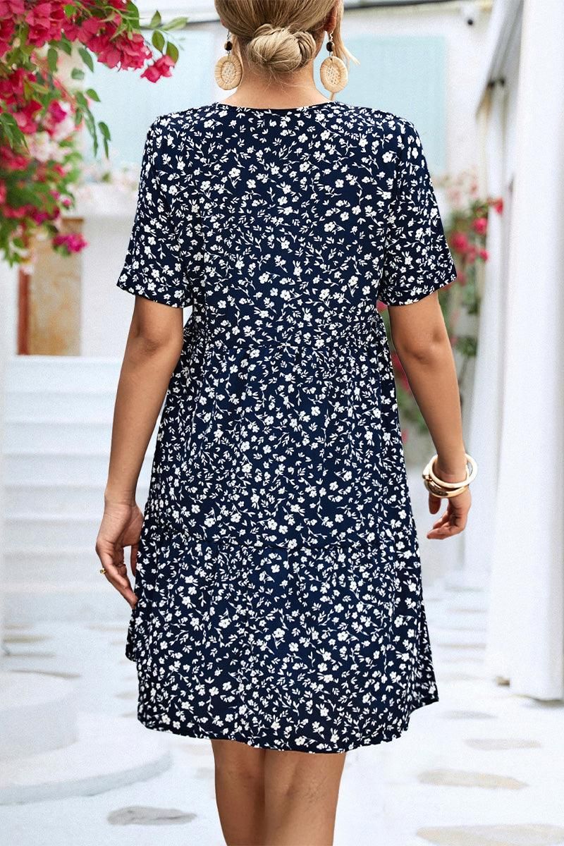 ROLLED SHORT SLEEVE V NECK LEOPARD PRINTING DRESS - Doublju