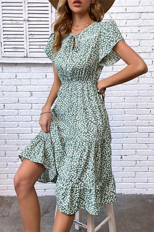 KEY HOLE NECK SLIM WAIST WOMEN MID DRESS - Doublju