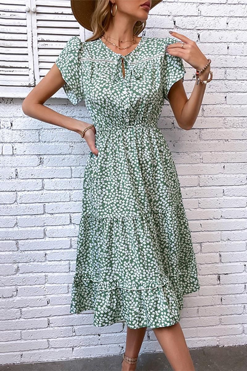 KEY HOLE NECK SLIM WAIST WOMEN MID DRESS - Doublju