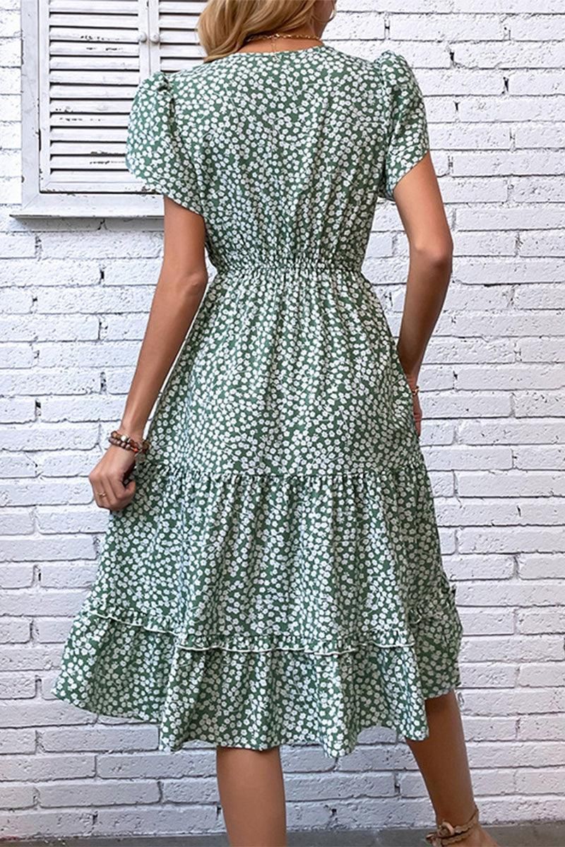 KEY HOLE NECK SLIM WAIST WOMEN MID DRESS - Doublju