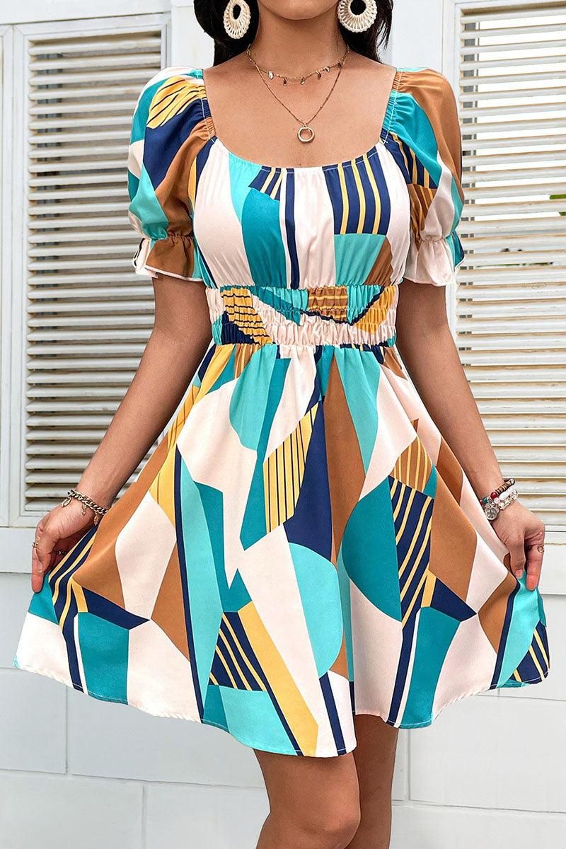 ROUND NECK PATTERNED BANDING WAIST DRESS - Doublju