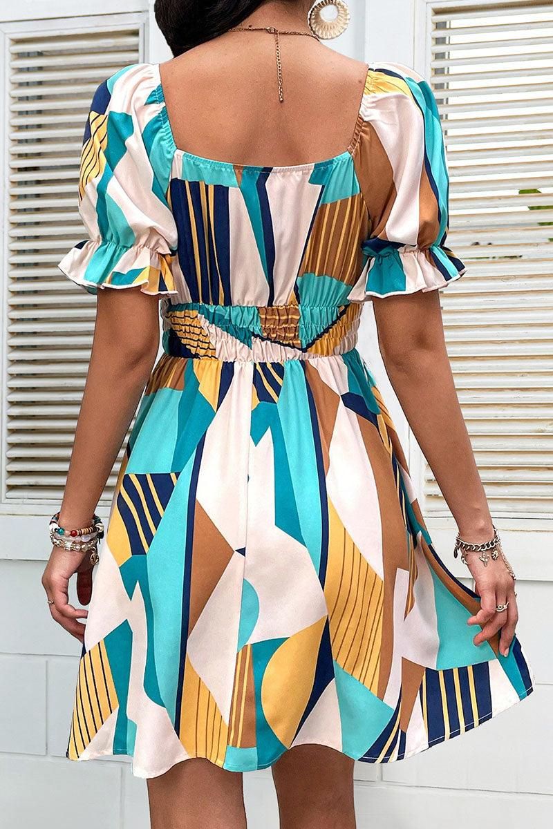 ROUND NECK PATTERNED BANDING WAIST DRESS - Doublju