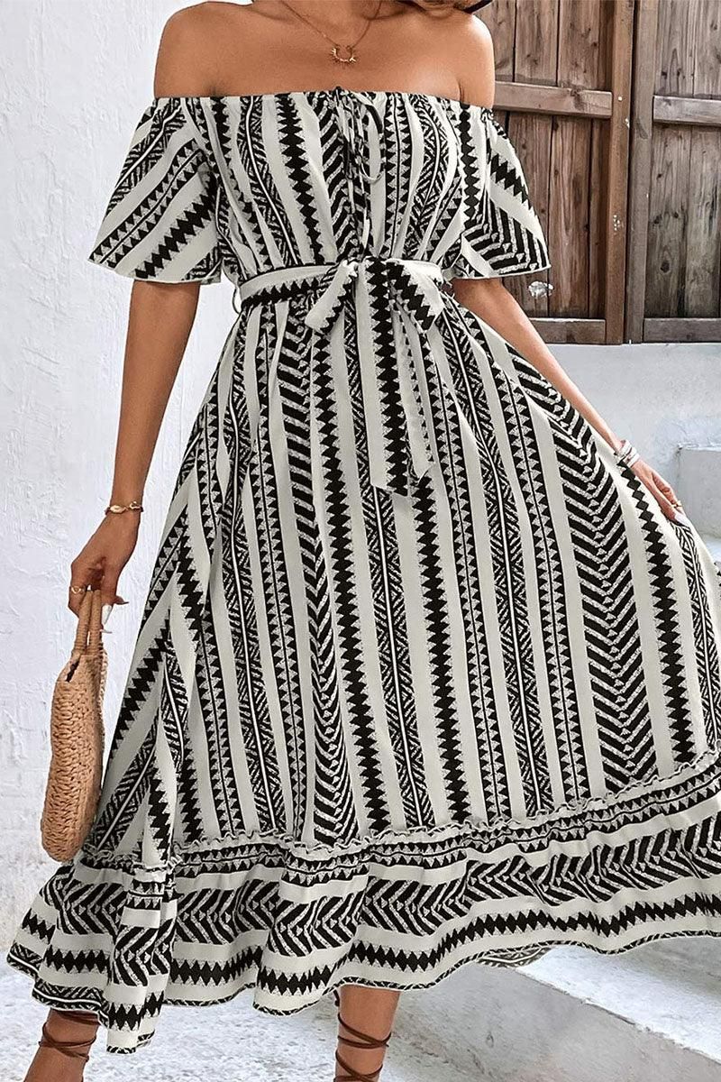 PATTERNED OFF SHOULDER WOMEN SWING DRESS - Doublju