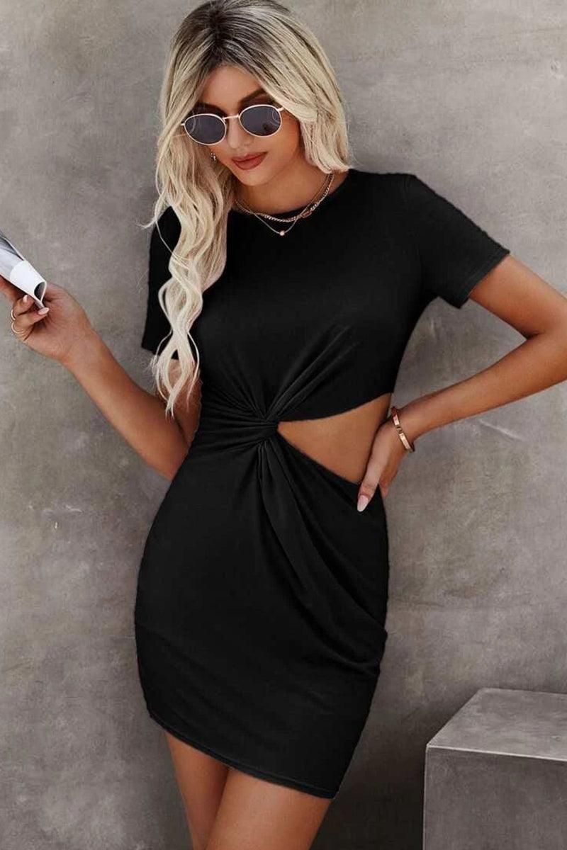 WAIST CUT OUT DETAILED WOMEN SEXY DRESS - Doublju