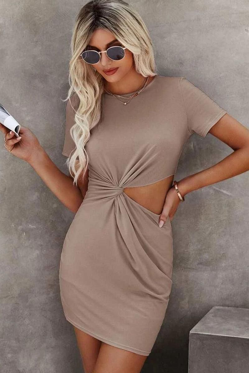 WAIST CUT OUT DETAILED WOMEN SEXY DRESS - Doublju
