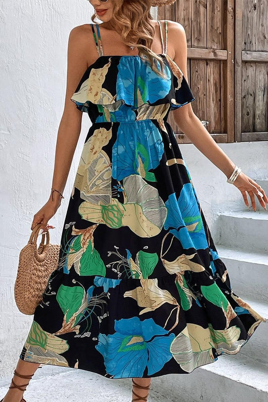 DOUBLE SPAGHETTI STRAP MULTI PATTERNED WOMEN DRESS - Doublju