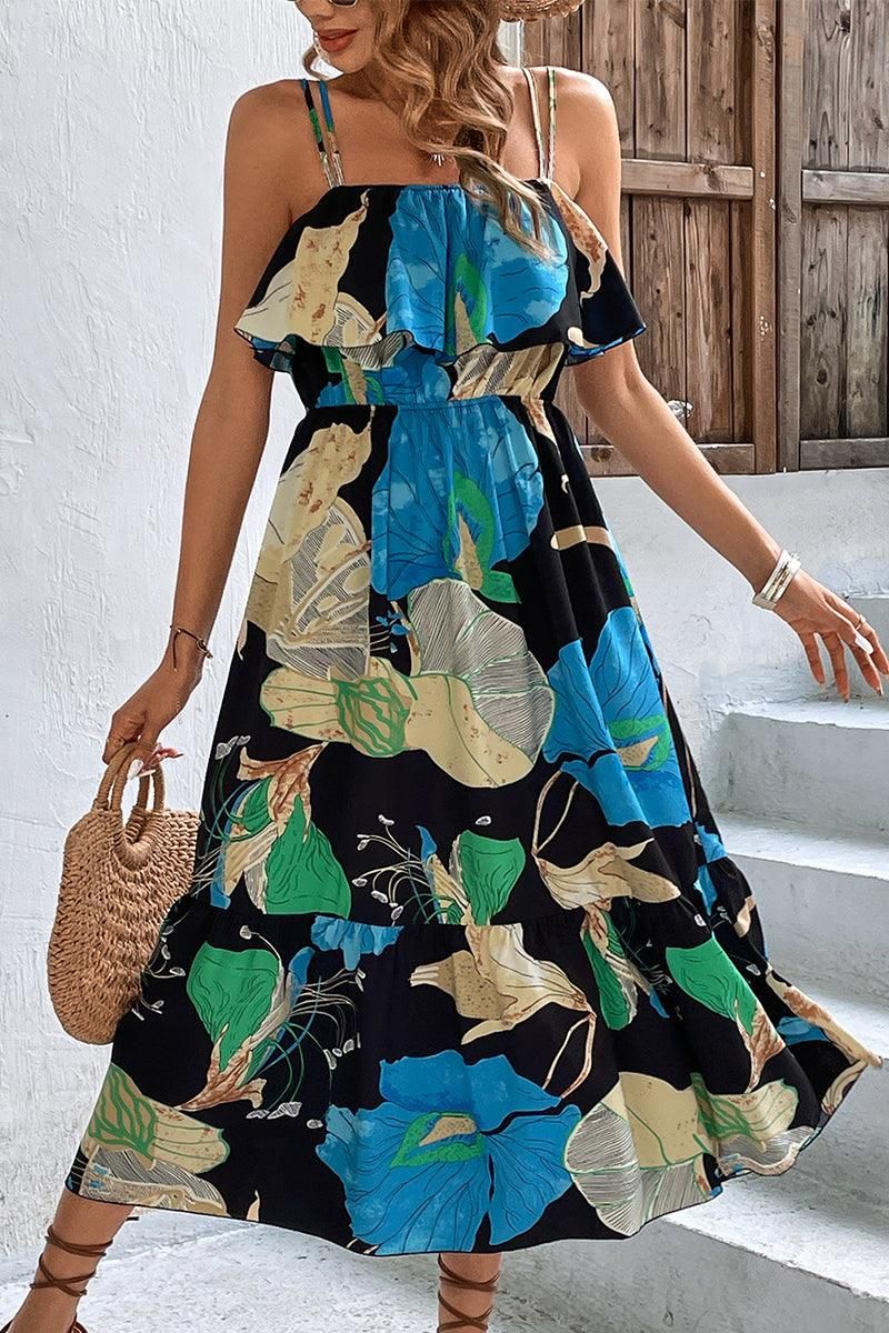 DOUBLE SPAGHETTI STRAP MULTI PATTERNED WOMEN DRESS - Doublju