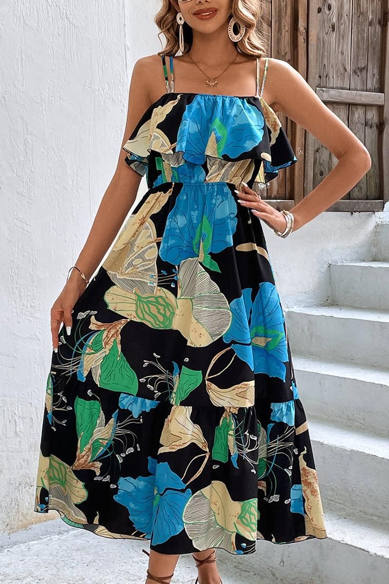 DOUBLE SPAGHETTI STRAP MULTI PATTERNED WOMEN DRESS - Doublju