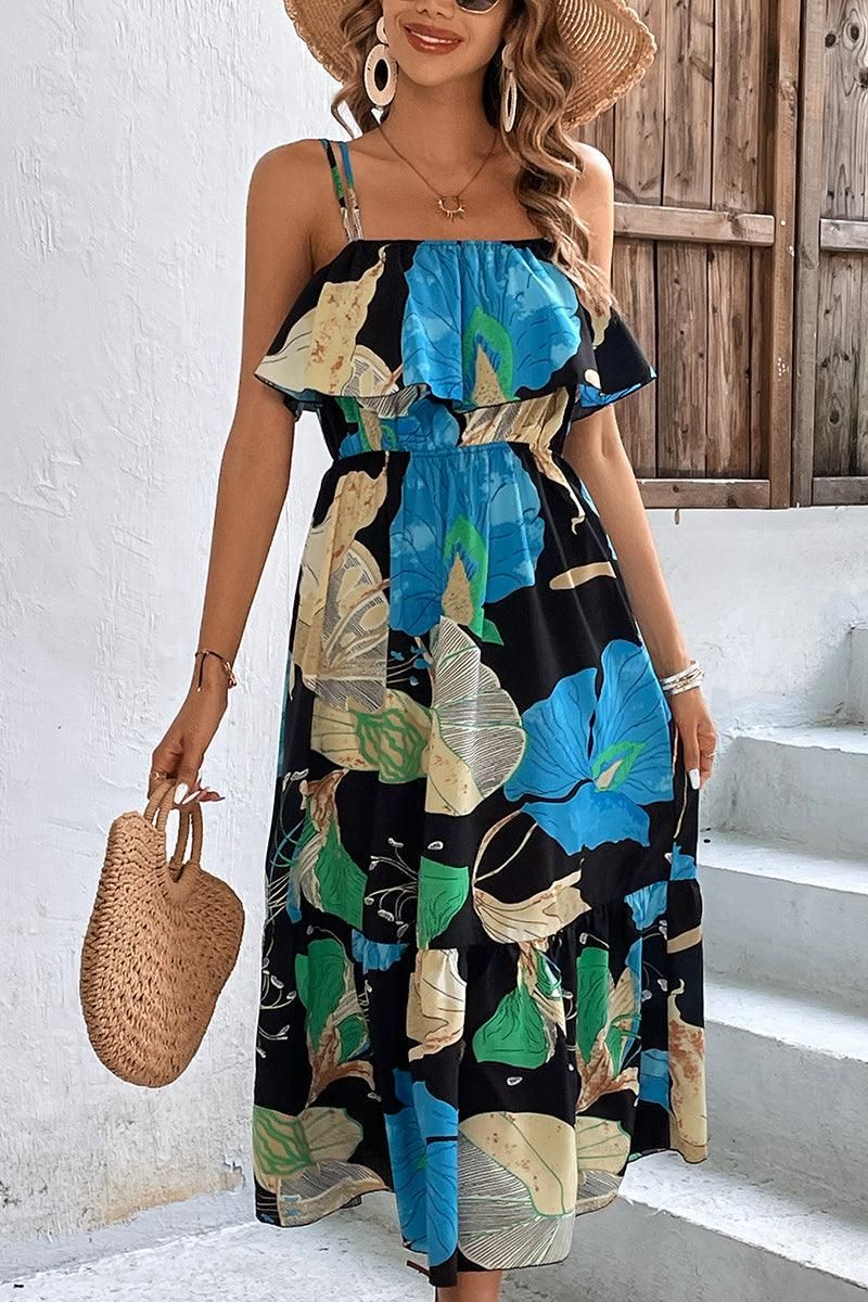 DOUBLE SPAGHETTI STRAP MULTI PATTERNED WOMEN DRESS - Doublju