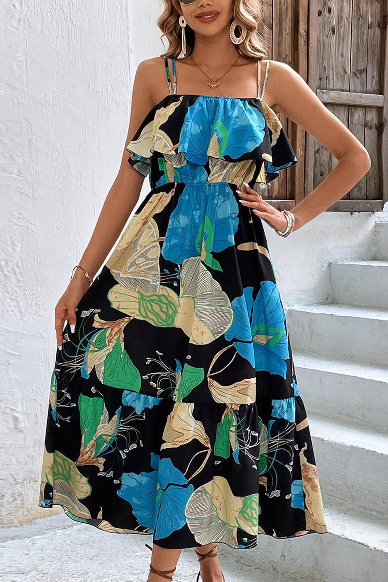 DOUBLE SPAGHETTI STRAP MULTI PATTERNED WOMEN DRESS - Doublju